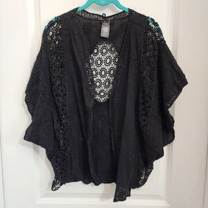 Vince Camuto Embroidered Flowers Sweater Kimono Black Sz One Size Fits Most